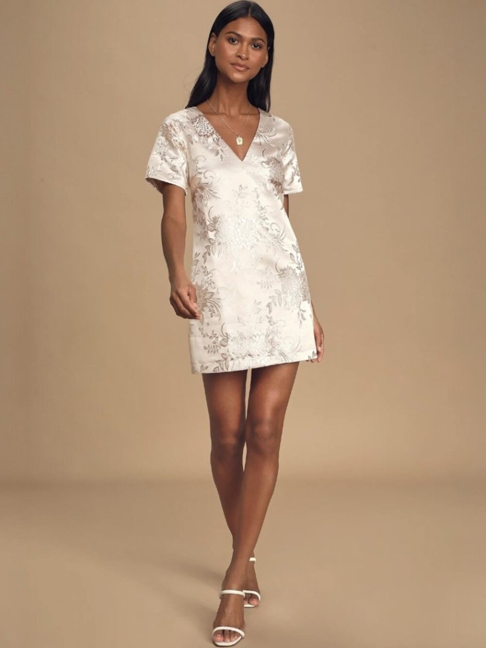 Lulus Go with the Glow Metallic Champagne Floral Jacquard Shift Dress NWT